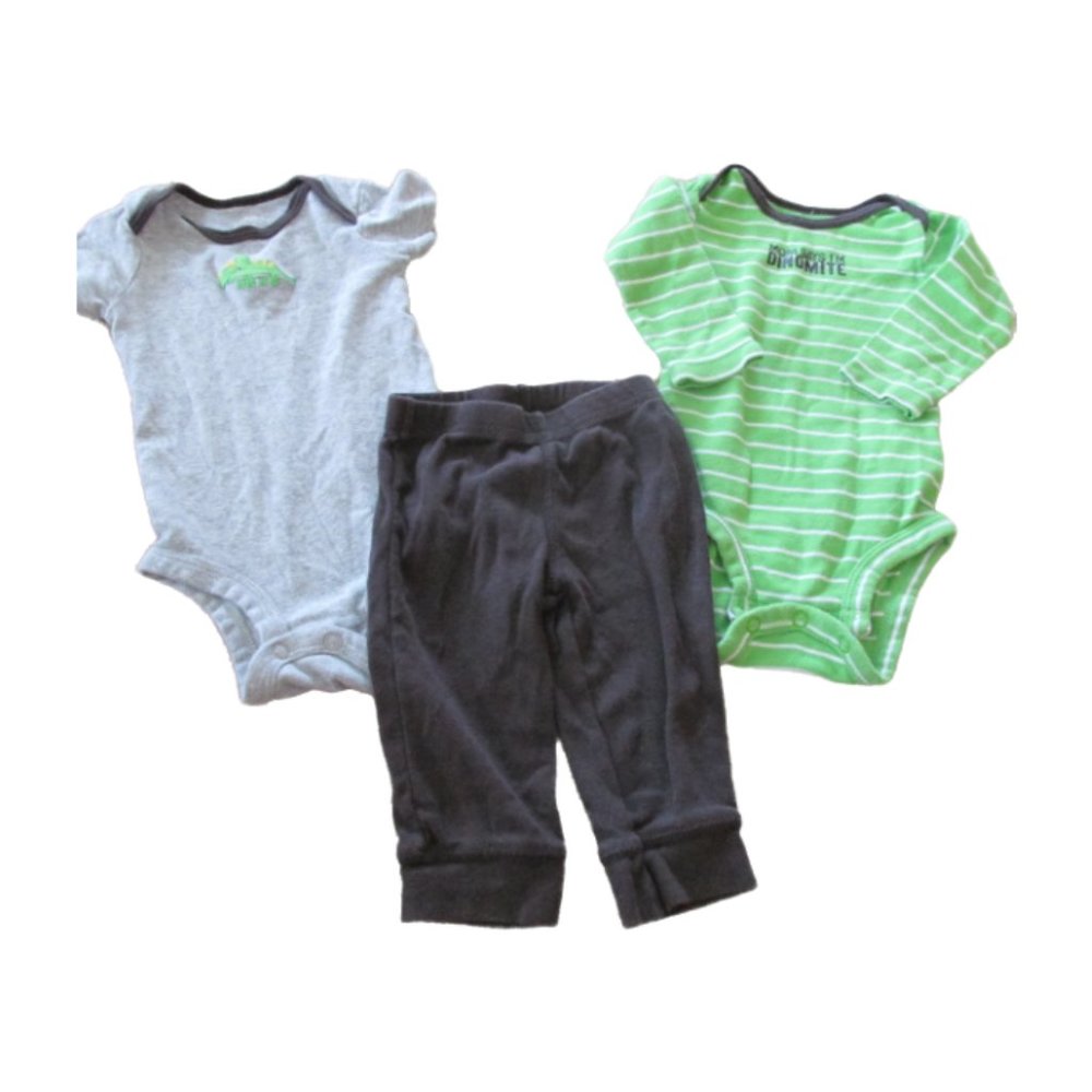 Carters 3 Pc Dinosaur Bodysuit Pants Outfit Boys 6M Green Striped Brown Elastic